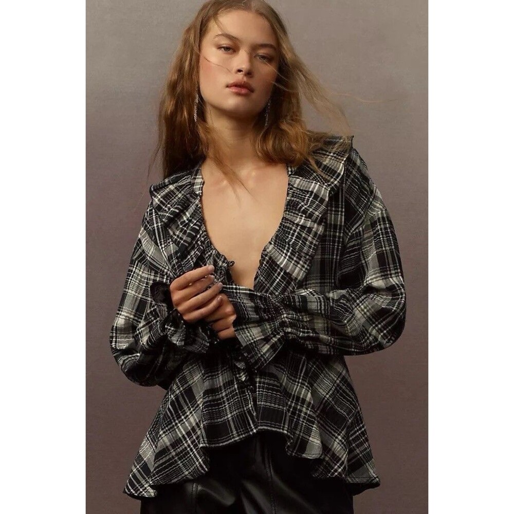 Pilcro Anthropologie Plaid Ruffle Top 2X Victorian Dark Coquette Academia Grunge